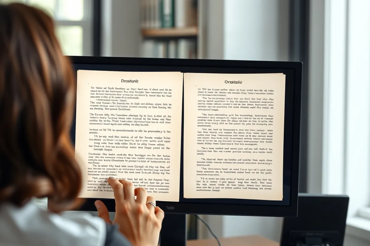Editor comparing two drafts of the same paragraph on a screen