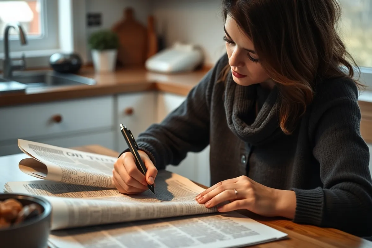 Reader annotating a printed article with a pen at a kitchen table