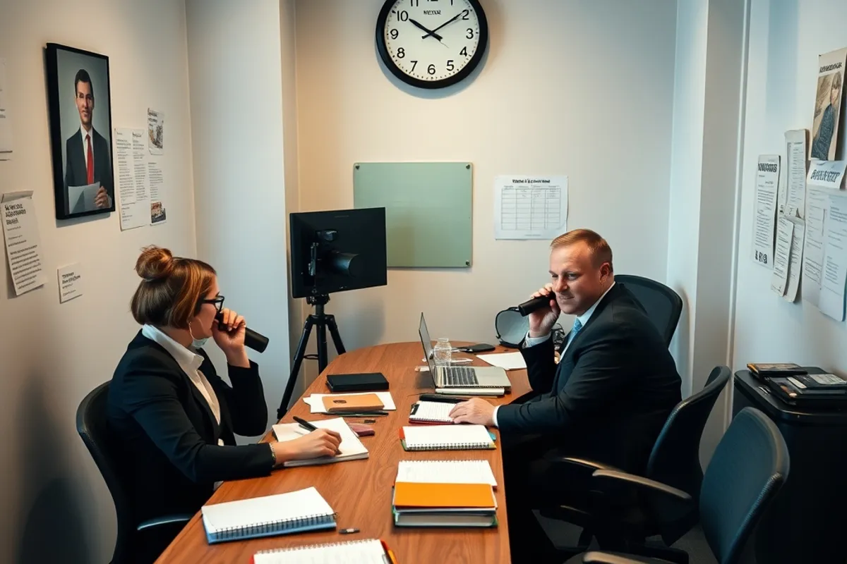 Small newsroom with three journalists working at desks covered in notebooks and a wall clock