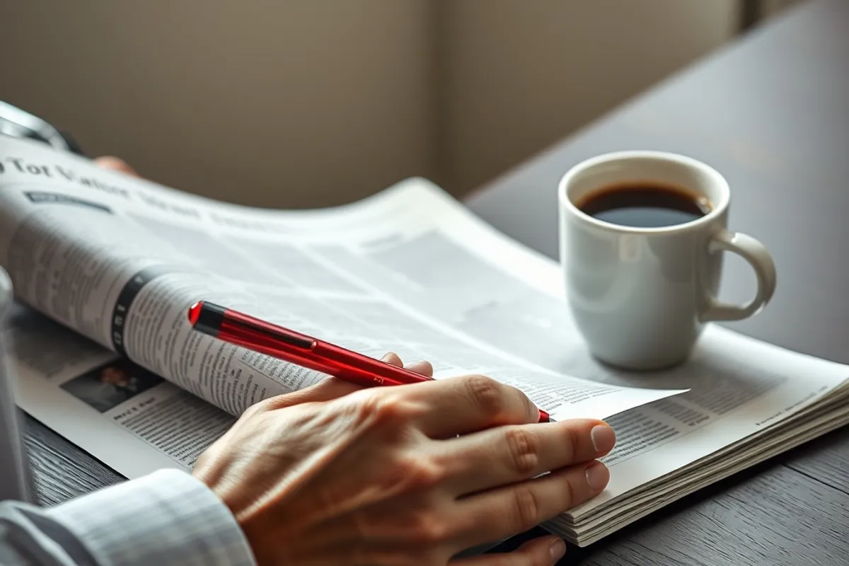 Editor marking a printed article with a red pen beside a coffee cup