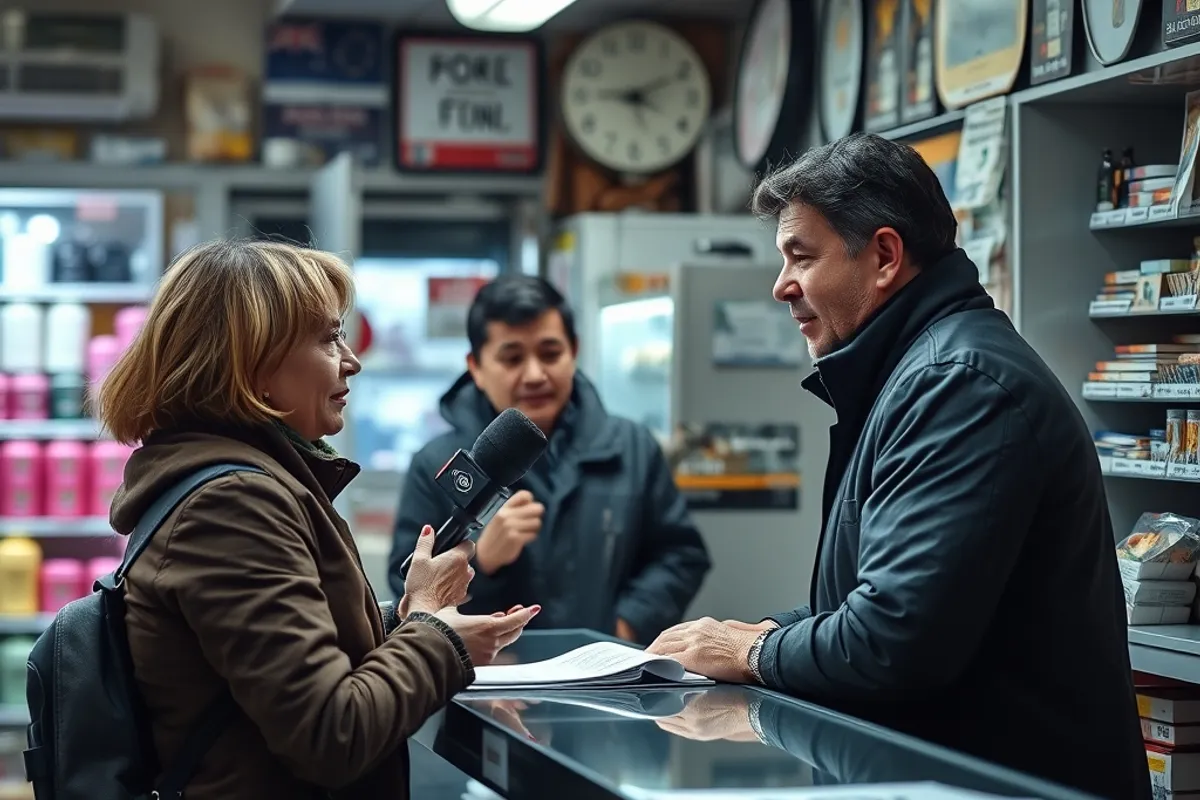 Reporter interviewing a shop owner at the counter of a corner store