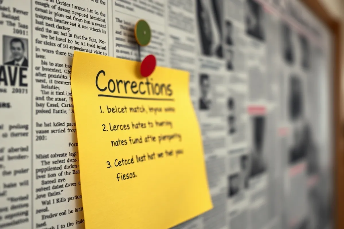 Close view of a corrections note pinned to a newsroom noticeboard