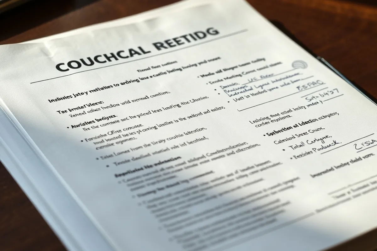 Printed council meeting agenda with handwritten notes in the margin