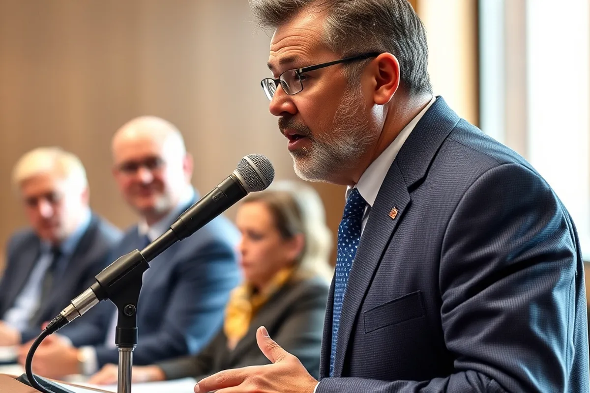 Speaker at a public comment microphone addressing a panel of council members