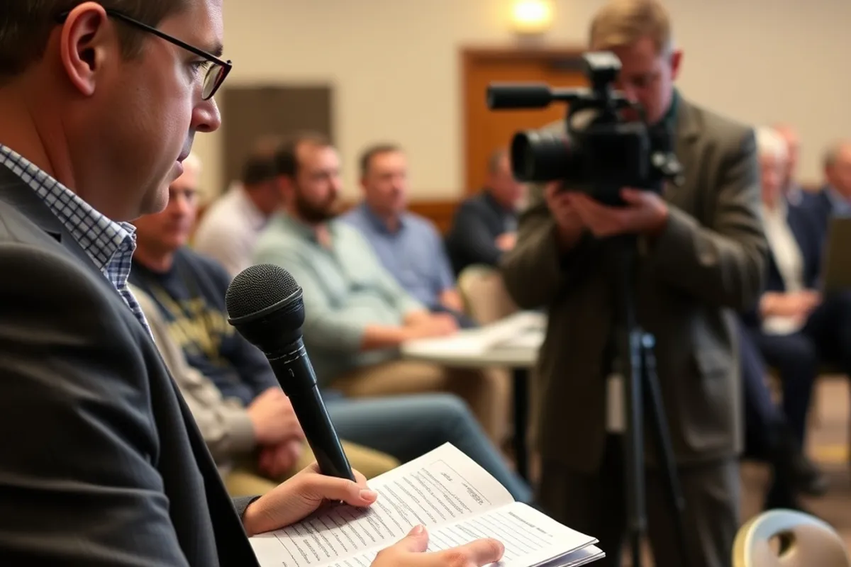 Local reporter taking notes at a town meeting while a camera operator films nearby