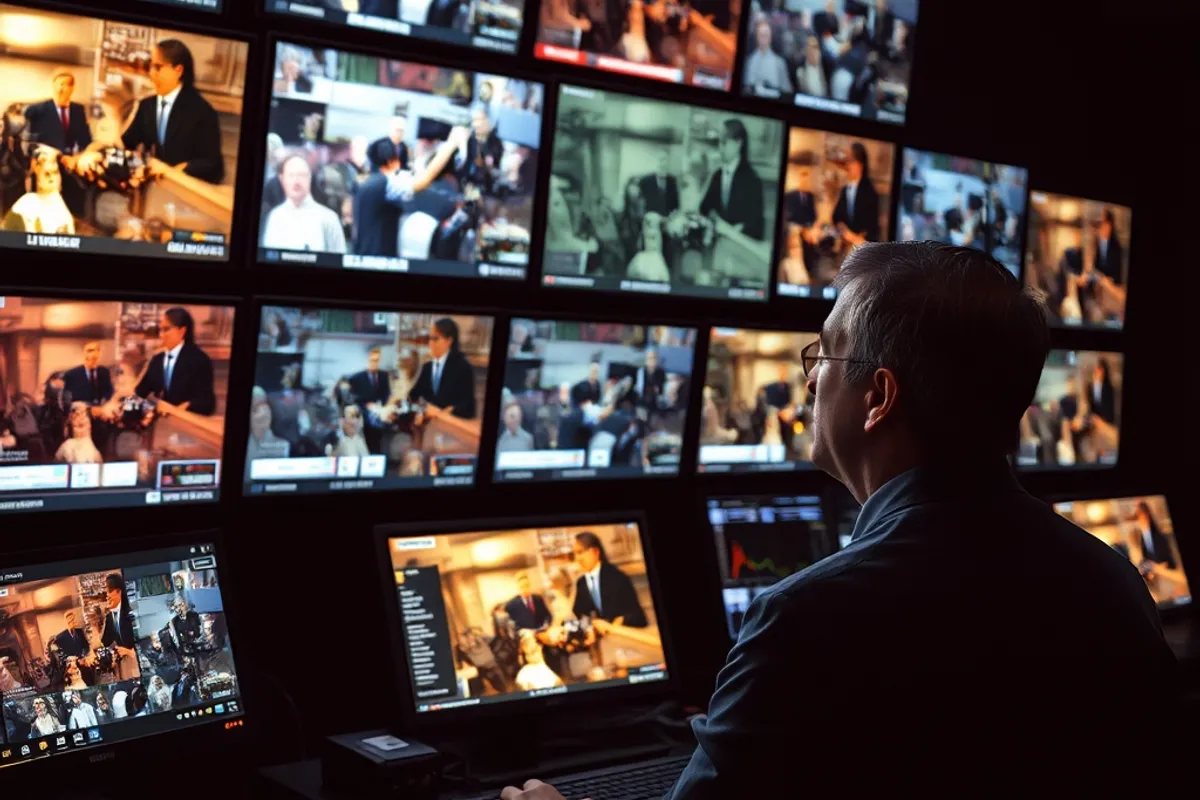Editor watching multiple live news feeds on a wall of monitors in a dark room
