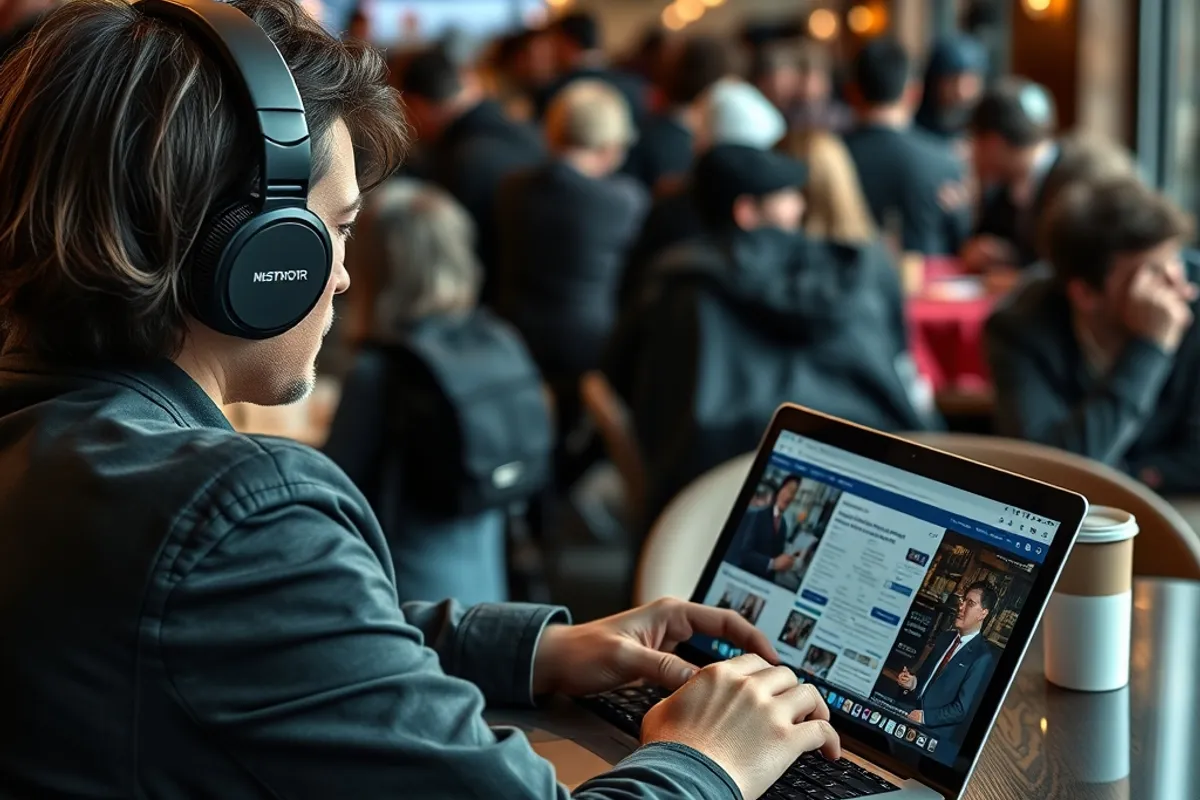 Reporter filing a story from a laptop in a crowded cafe