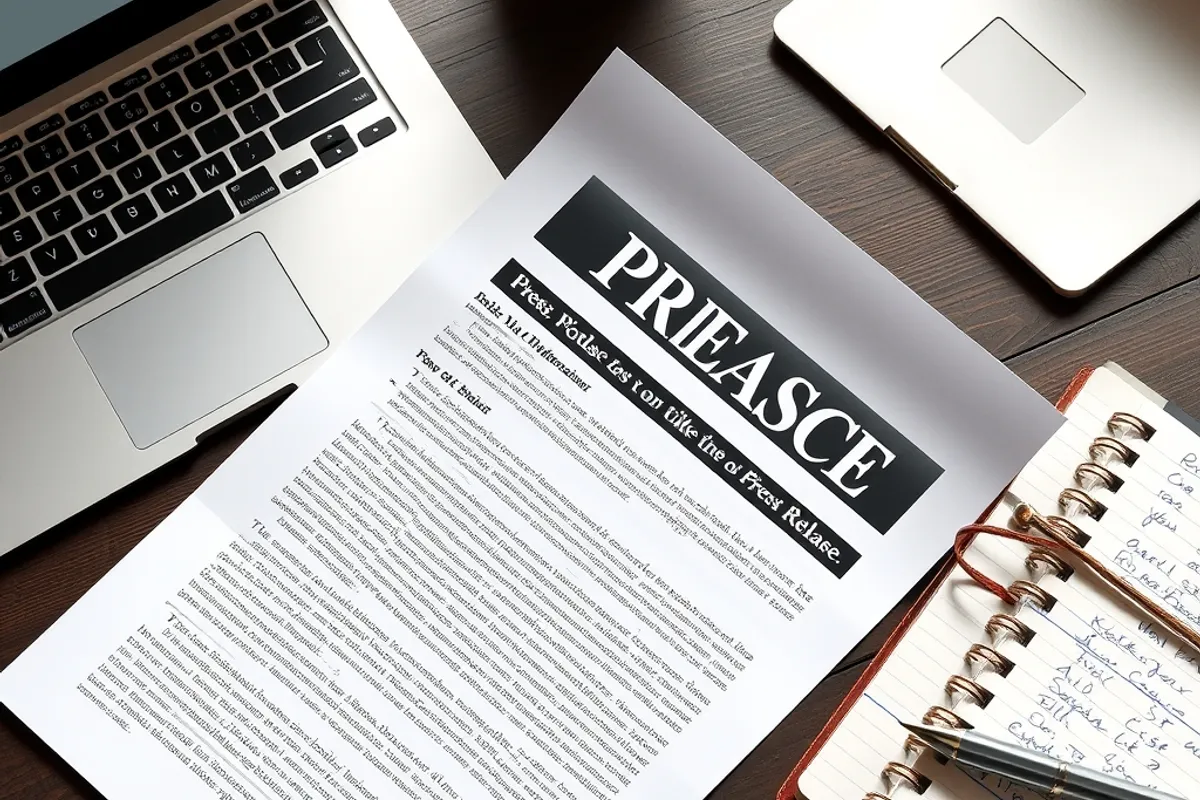 Press release printed on a desk beside a laptop and a notebook with handwritten notes