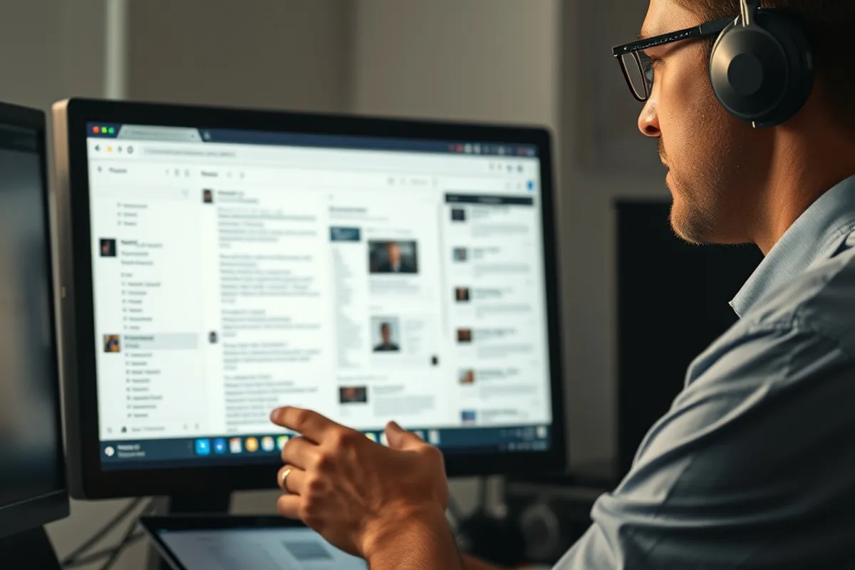 Journalist scanning a crowded email inbox on a desktop monitor