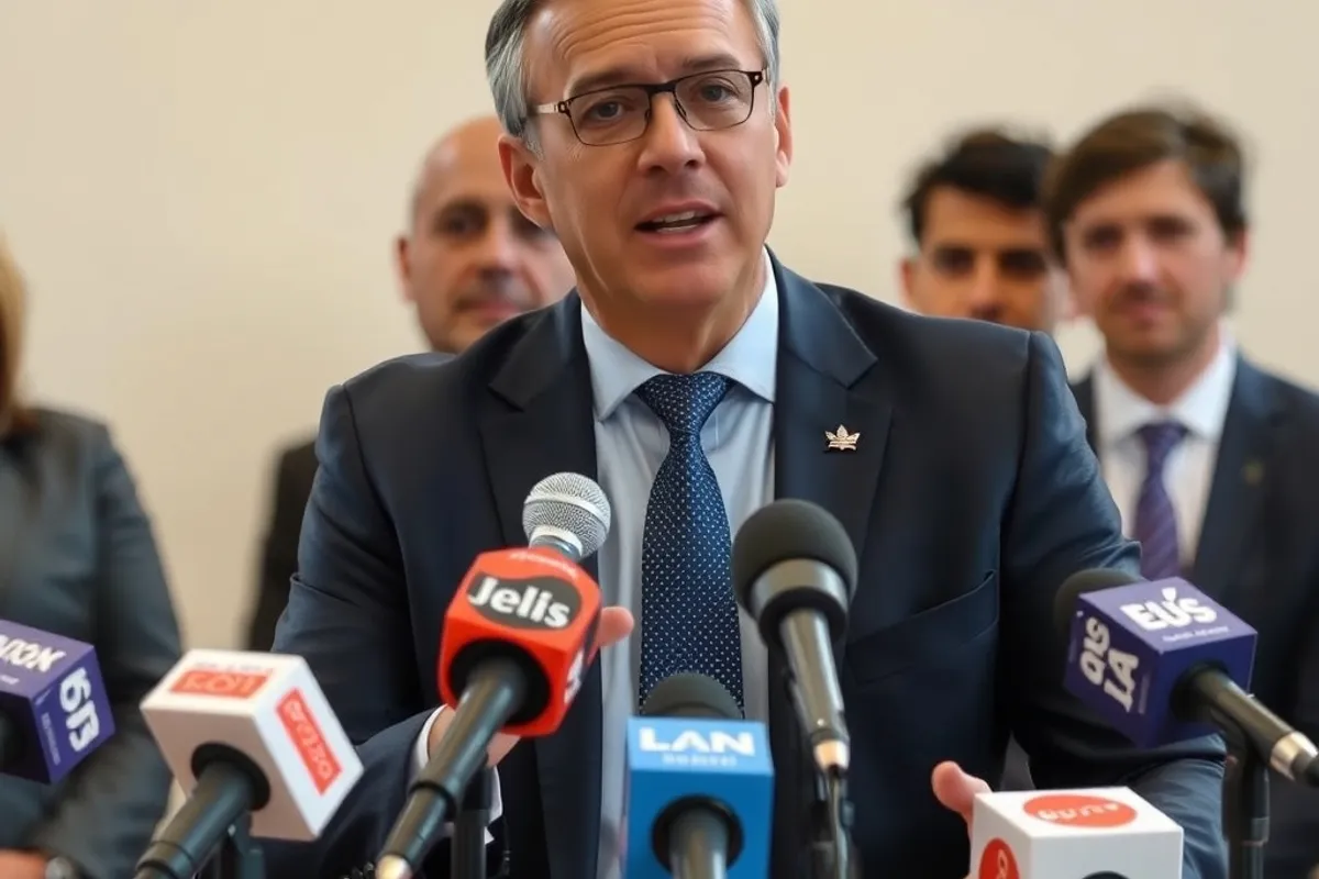 Spokesperson speaking at a small press briefing with microphones on the table