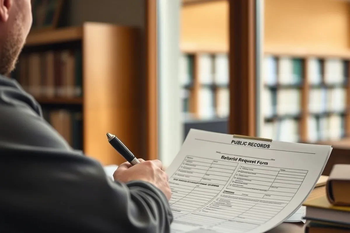 Person filling out a public records request form at a library desk