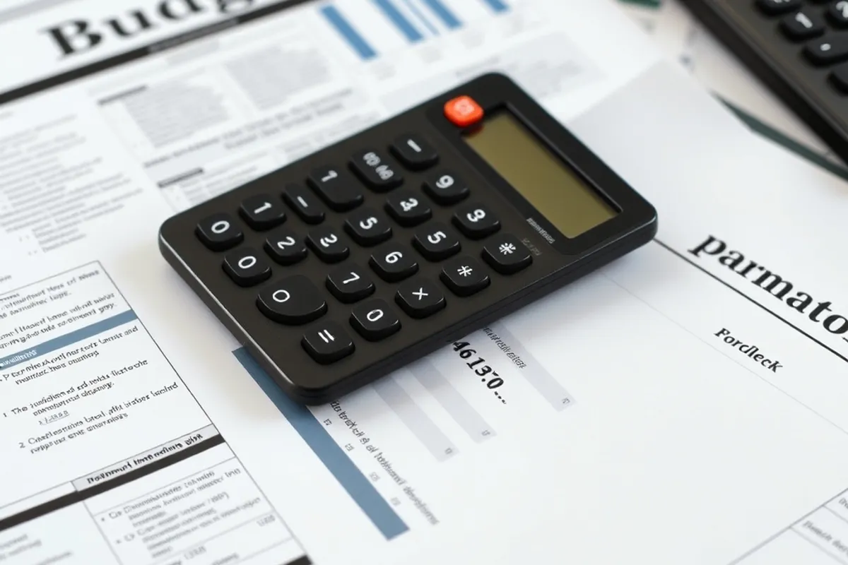 Budget documents and a calculator spread across a desk with a news article