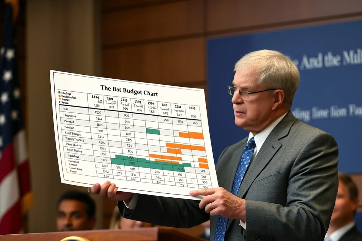 Official presenting a budget chart at a podium during a briefing