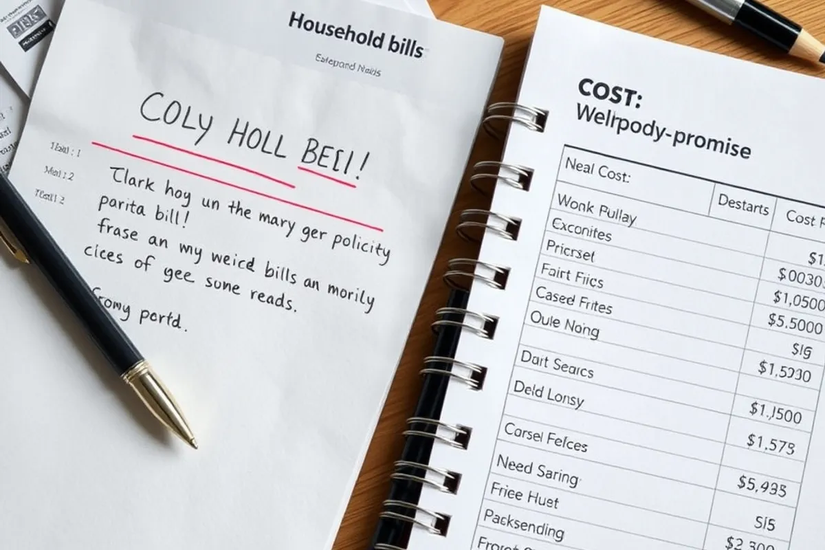 Household bills and a notebook used to compare a policy promise with real costs