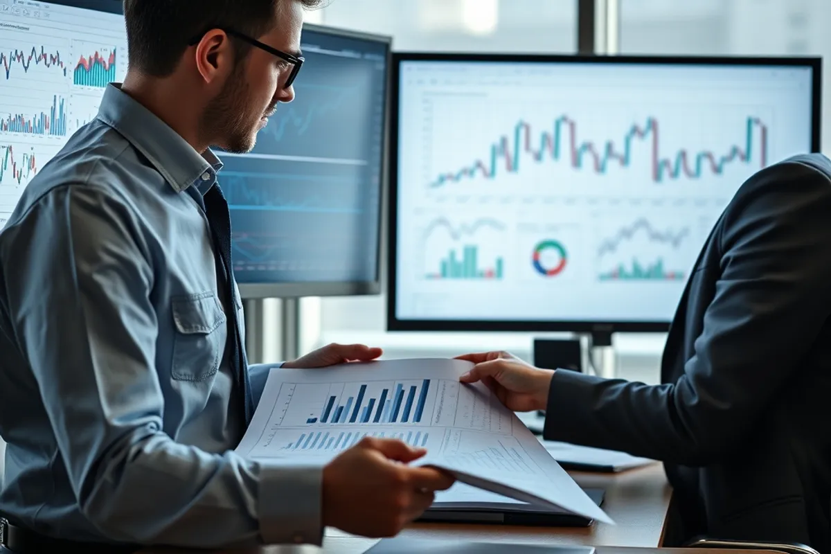 Analyst comparing printed data tables beside two monitors showing charts
