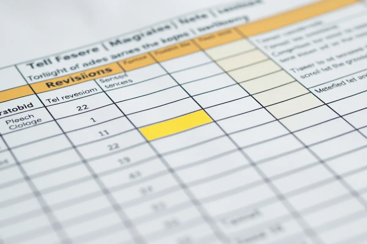 Close view of a spreadsheet with highlighted rows and revision notes