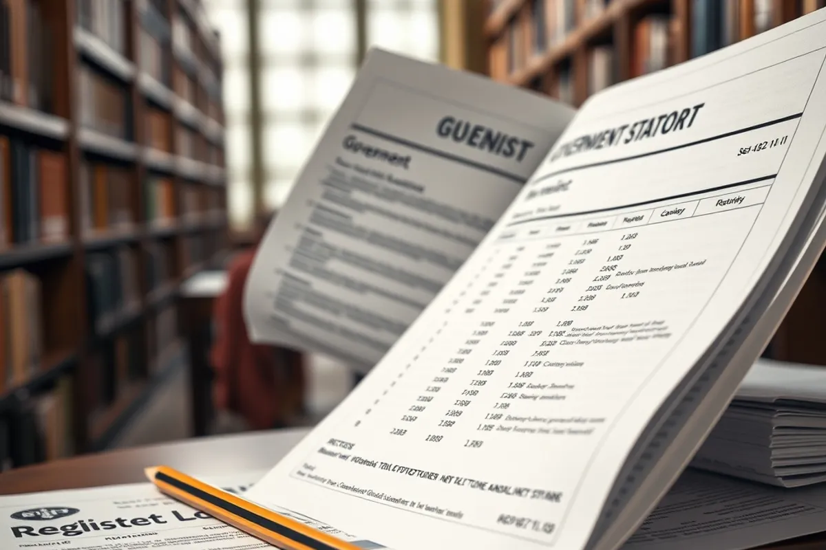 Government statistics report open on a library table with a pencil