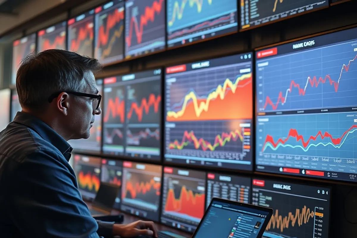 Analyst studying a wall of social media trend graphs on large screens