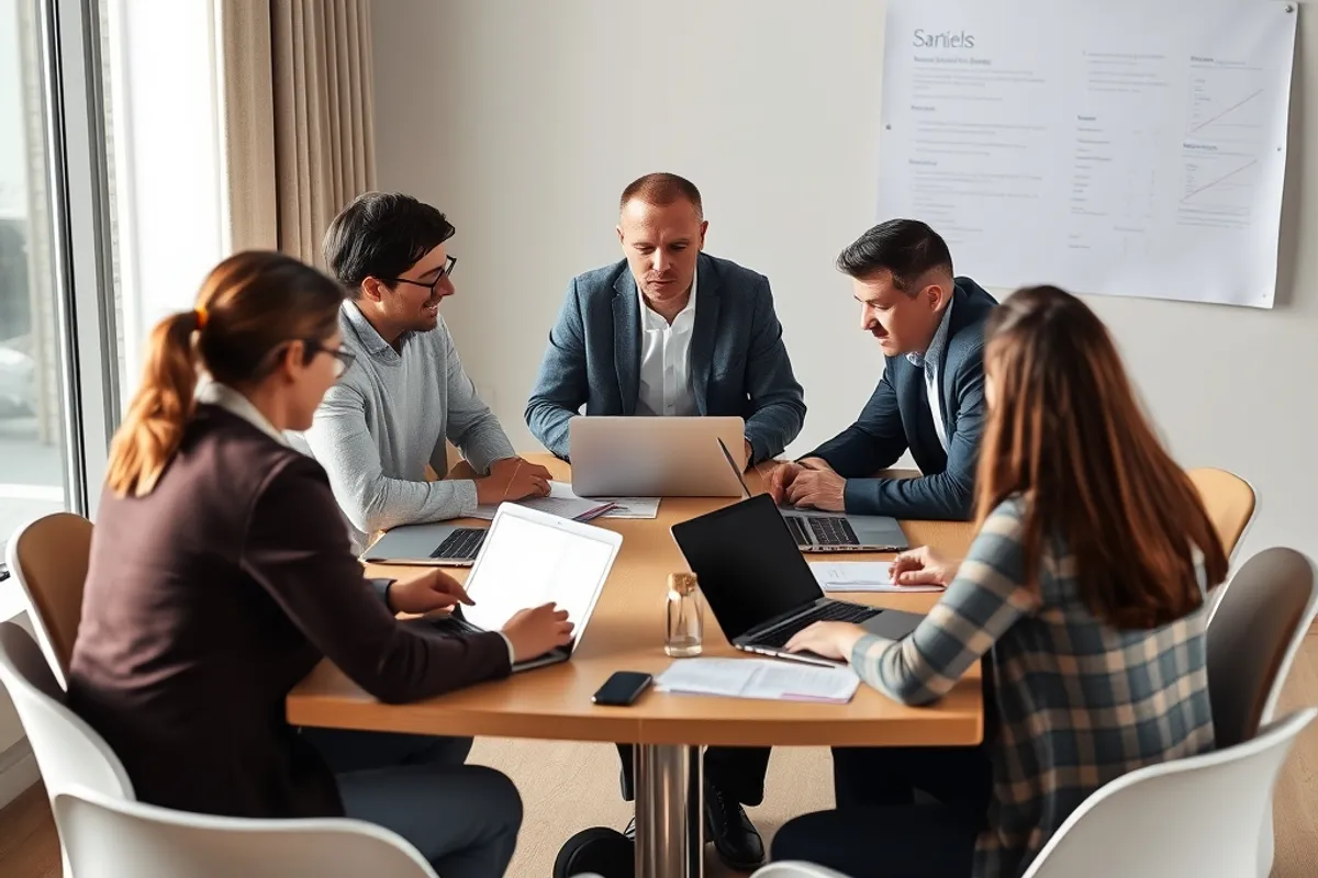Group of people discussing a topic around a table with laptops